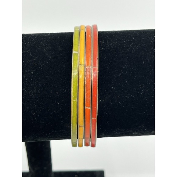Vintage Inlay Bakelite Bangle Bracelet Brass Set Of 4 3" Width - Picture 2 of 6